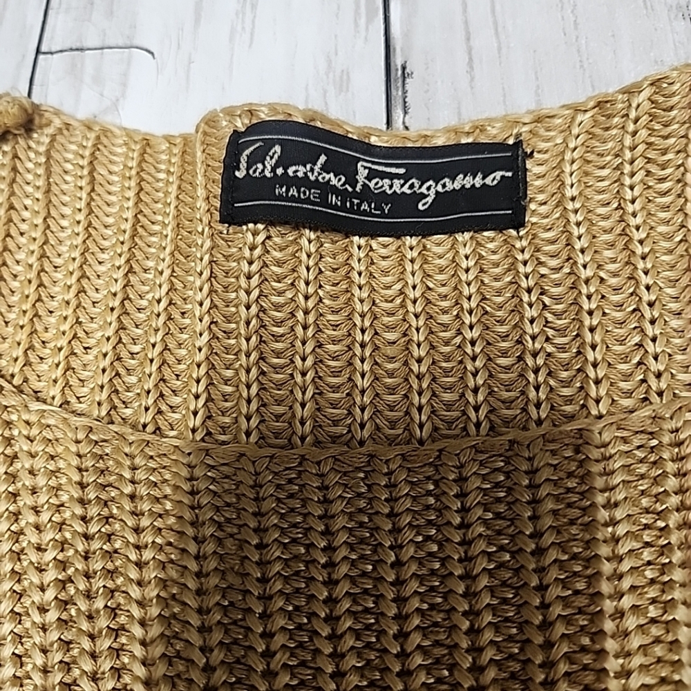 SALVATORE FERRAGAMO Gold Silk Crochet Knit Sweater Long/S Made in Italy Size XL - Picture 6 of 9